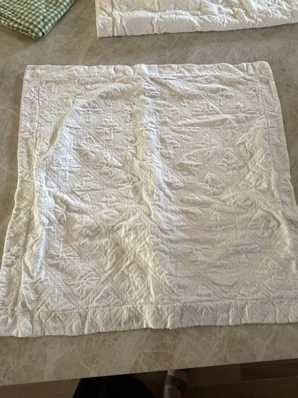 Pair of DOCOFIL White Floral Textured Euro Pillow Shams 28x28 Portugal Cotton